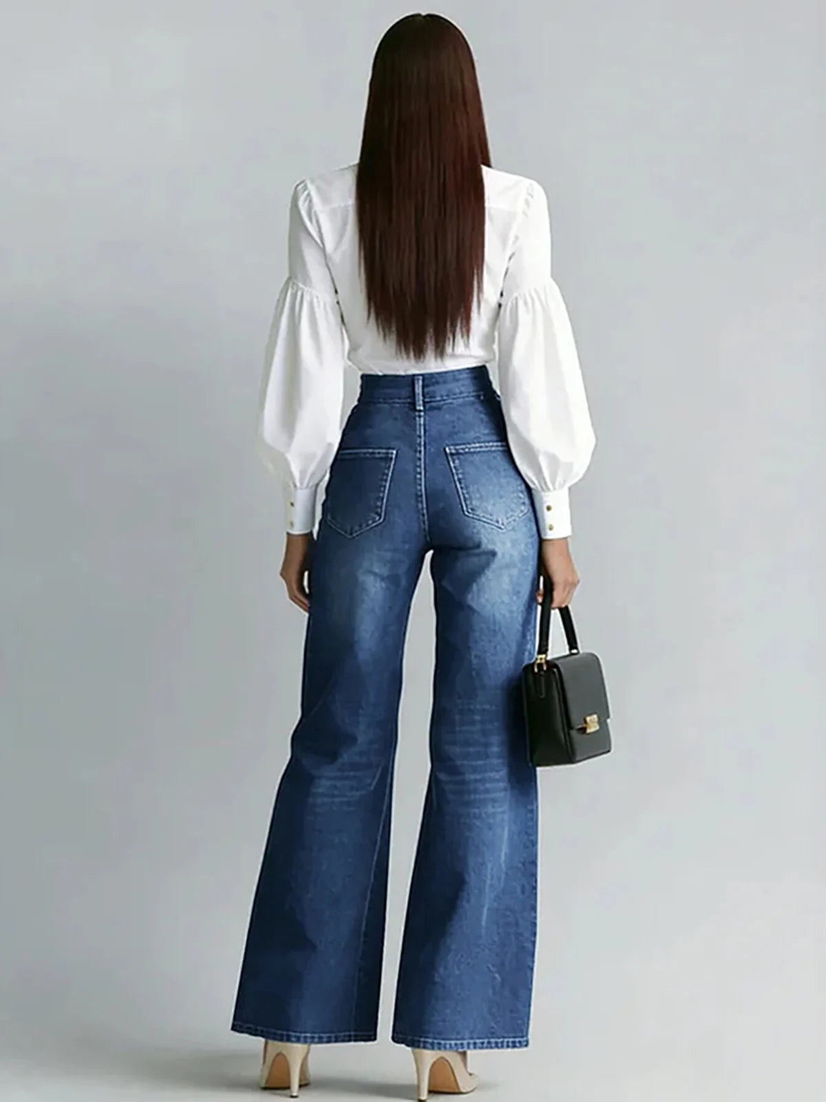 Vintage High Waist Wide Leg Flared Denim Jeans For Women