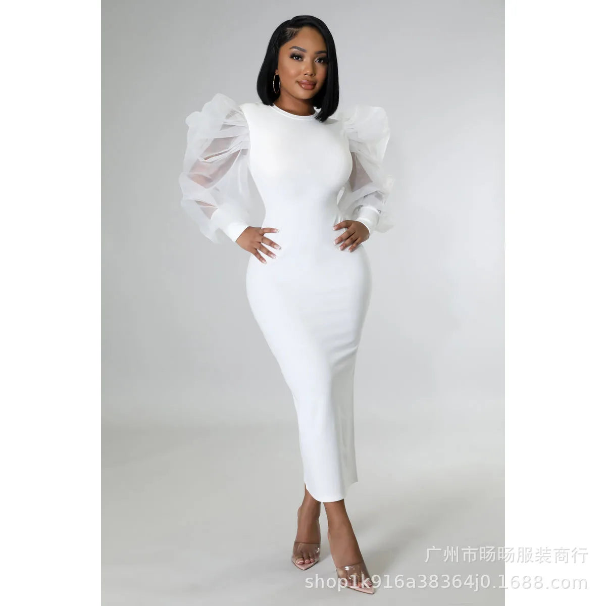 Women White Long Dress Lace Lantern Full Sleeve Round Neck A Line Dresses Elegant Ladies Splice Skirts Autumn Formal Vestidos