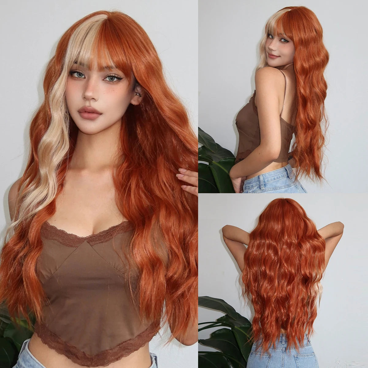 Blue Highlight Long Wavy Synthetic Wig With Bangs for Women