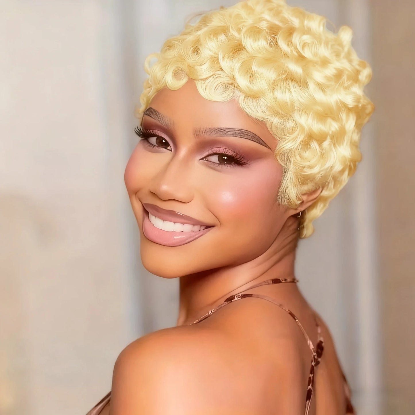 Brazilian Human Hair Wig Short Pixie Cut with Bang Loose curly Hair for Daily Wear Women Full Machine Wig