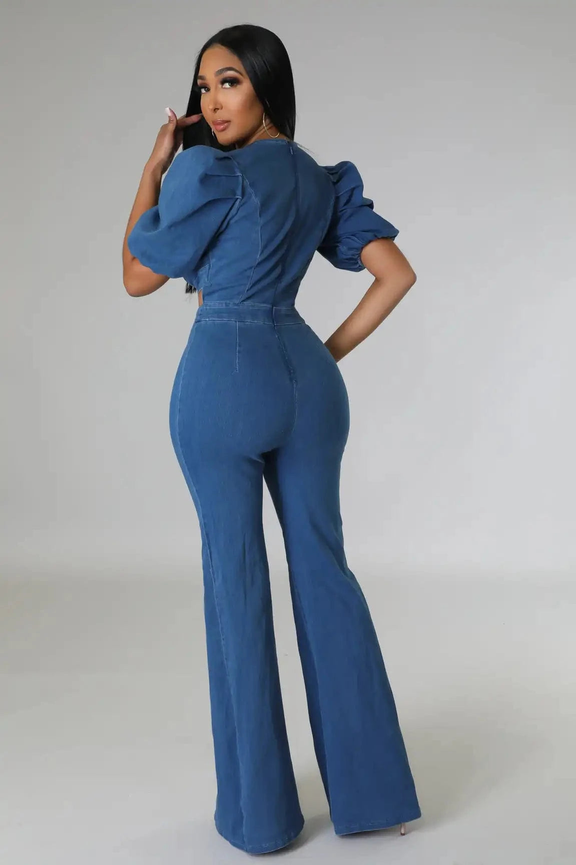Wide Leg Denim Jumpsuit Sexy Women V-neck Elegant Blue Hollow Out Jeans Casual Romper Overalls