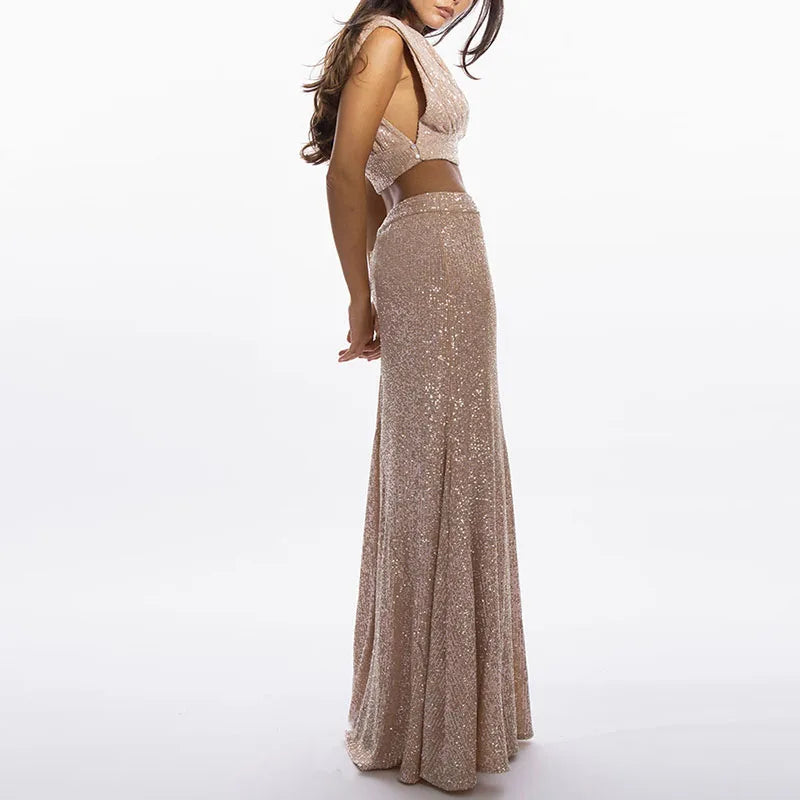 Fashion O-neck Top Club Party Suit Women Casual Shiny Glitter Slim Long Skirt Set Elegant Temperament Sleeveless Skirt Outfits