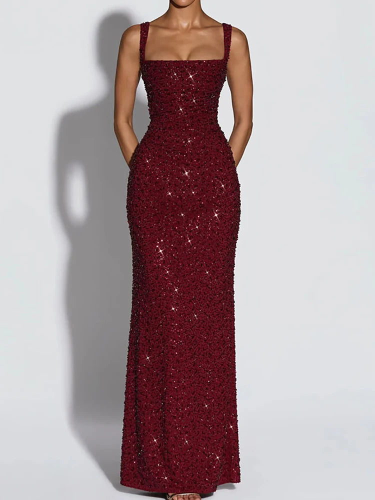 Elegant Sequined Backless Sleeveless Maxi Party Dress for Women