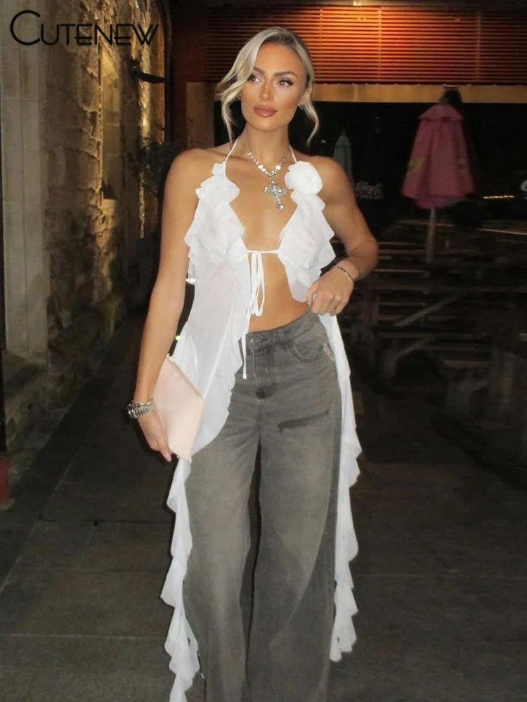 White Ruched Mesh Halter Crop Top