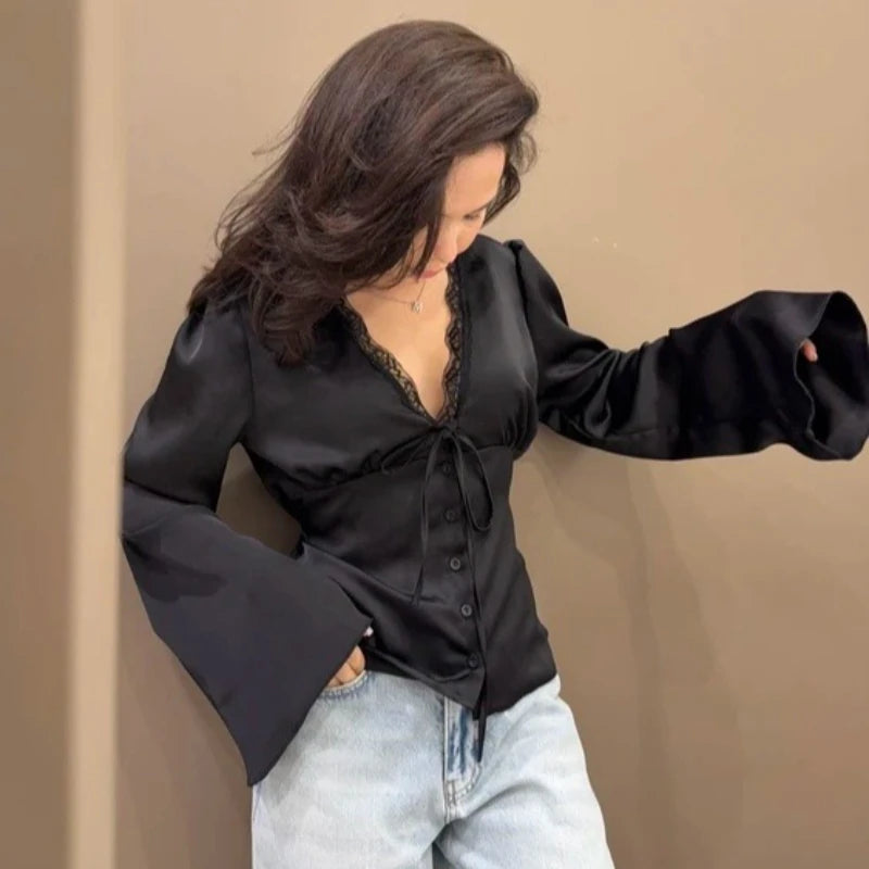Lace-Up Satin Patchwork V-Neck Vest Top for Women**