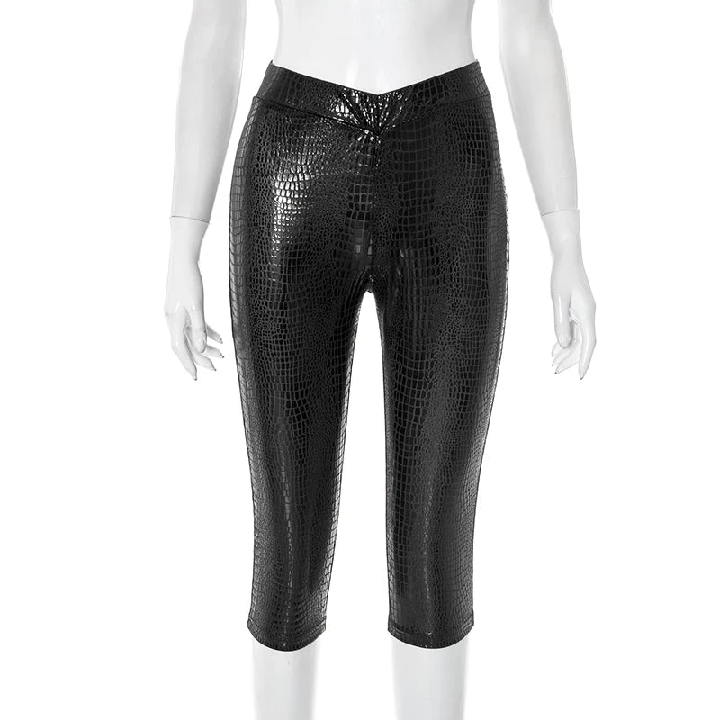 CUTENOVA Sexy Snake Print Solid Color Glossy Elastic High-Waisted Seven-Minute Casual Pants Summer New Women'S Clothing