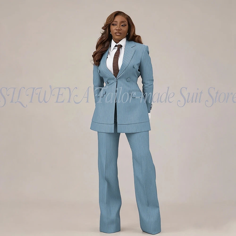 Slim Fit Brown Striped Blazer Set With Pants For Women