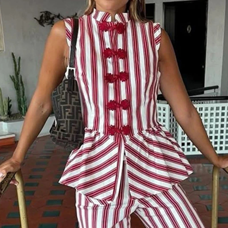 Striped Mandarin Collar Peplum With Button Front Top for Women