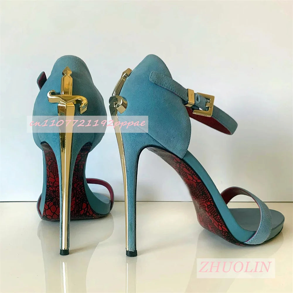 Blue Suede Metallic Sword-Shaped High Heels for Women