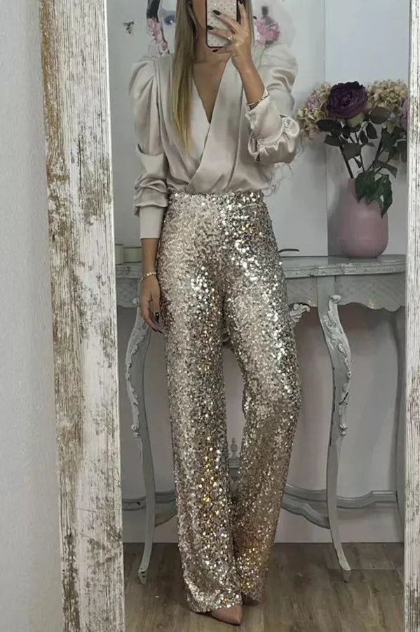 Spring Solid Color Commute Satin Shirt Pullover Fashion V-Neck Puff Long Sleeve Blouses Female Temperament Pleated Ruffled Tops
