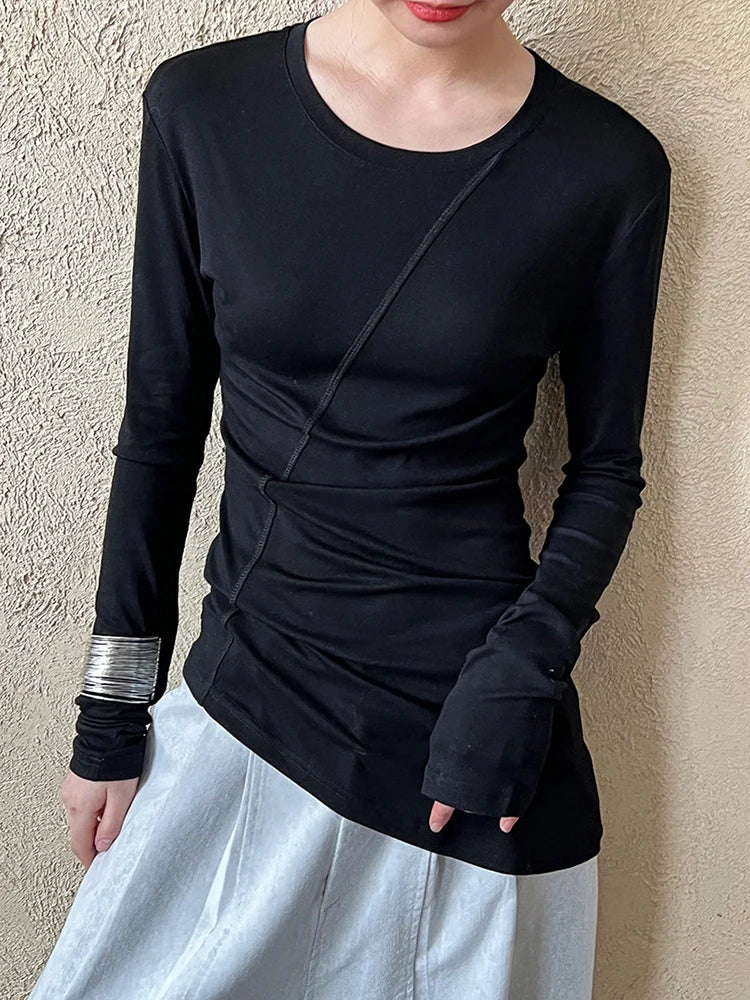 [EAM] Women Gray Thin Perspective Slim Irregular T-shirt New Round Neck Long Sleeve Fashion Tide Spring Autumn 2025 1DH9981