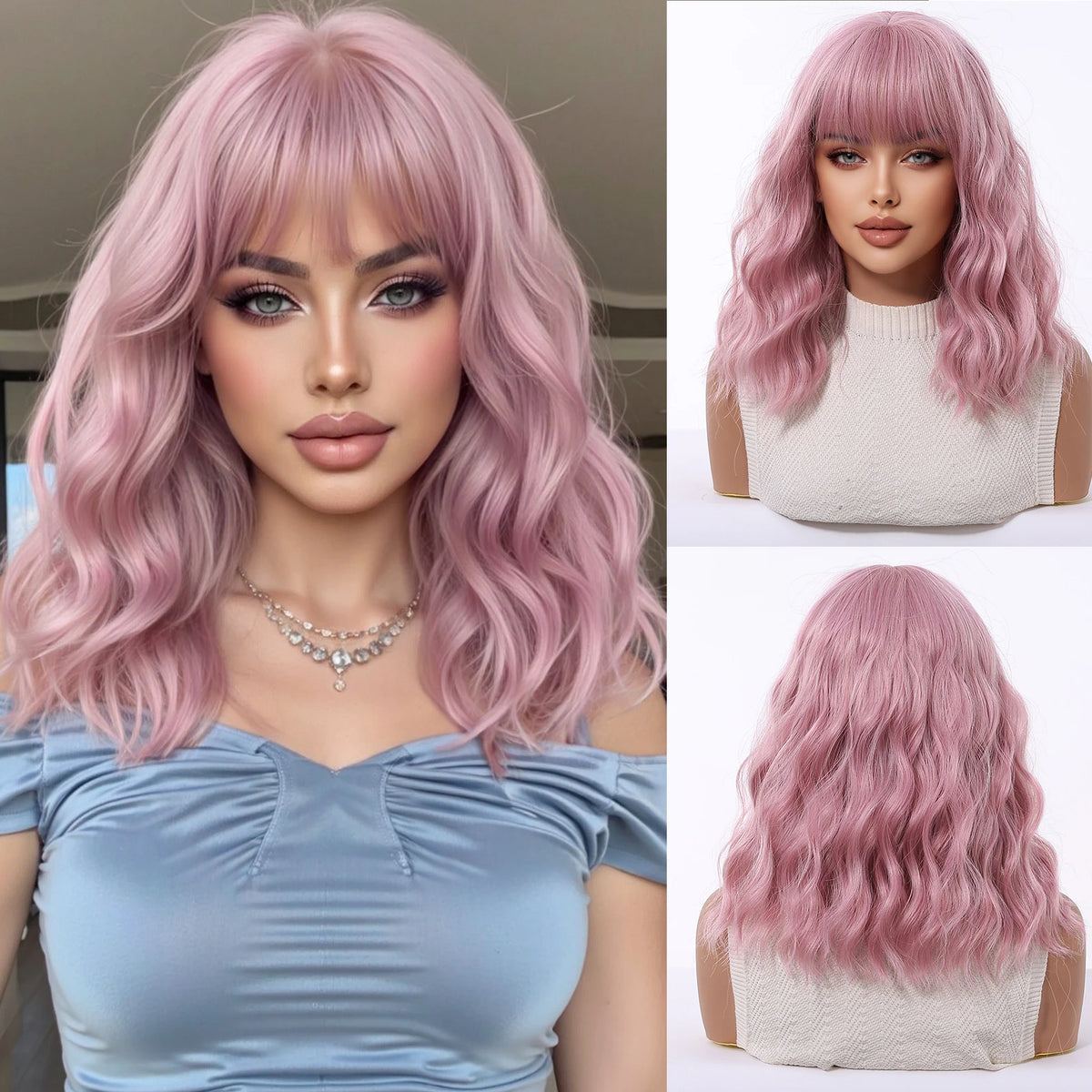Medium Length Ombre Wavy Blonde Wig With Bangs for Women