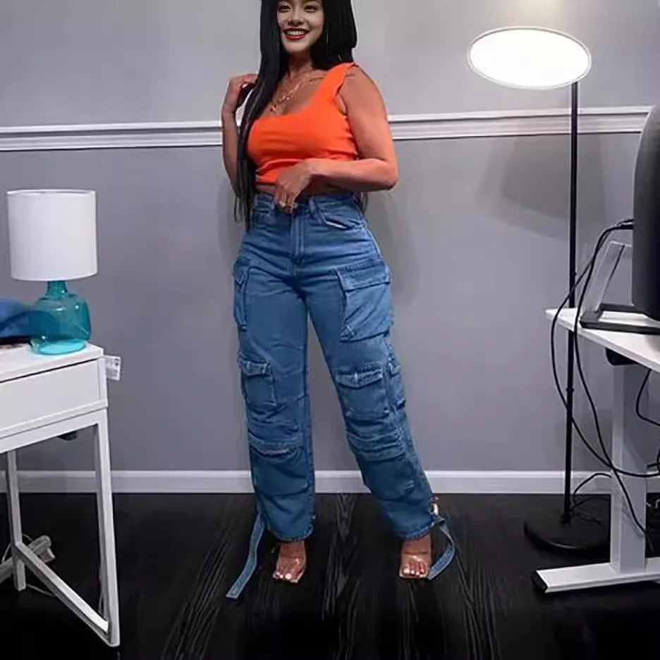 High-Waisted Loose-Fit Multi-Pocket Cargo Jeans for Women