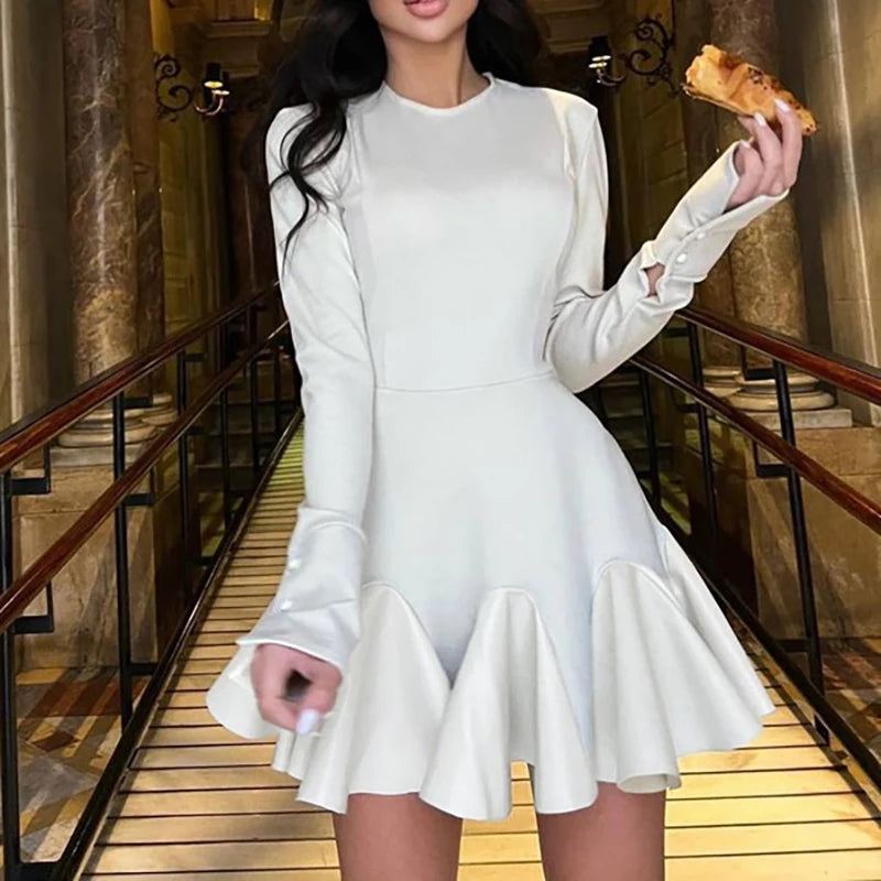Retro Leather Splice Pleated Long Sleeve Mini Dress for Women
