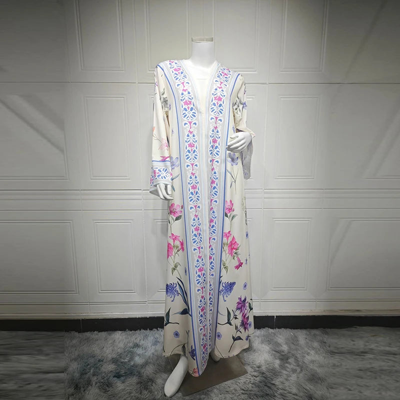 Elegant High Street Swing Vacation Jackets 2025 New Women's V Neck Autumn Coat Floral Print Long Sleeved Loose Muslim Cardigan