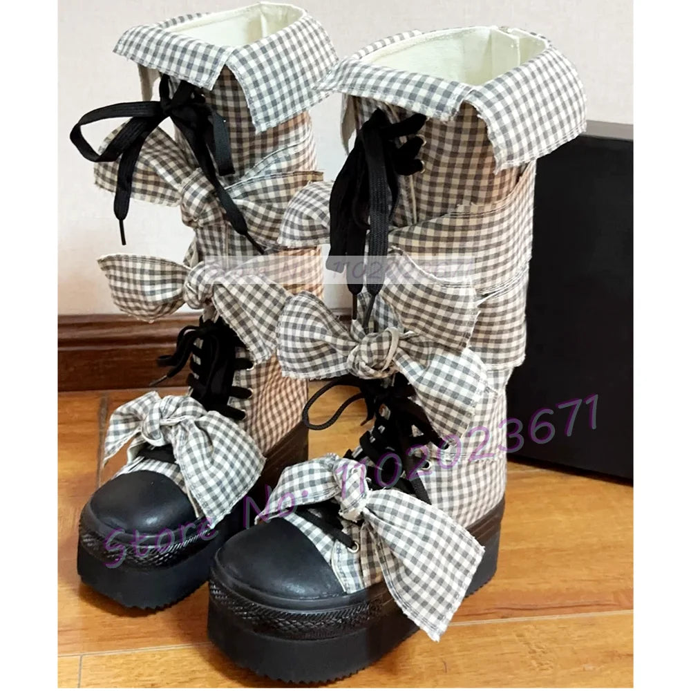 Bowknots Thick-sole Long Canvas Shoes Women Trendy Round Toe Cool Plaid Shoes Girl's Lolita Sweet Lace-up Platform Tall Boots