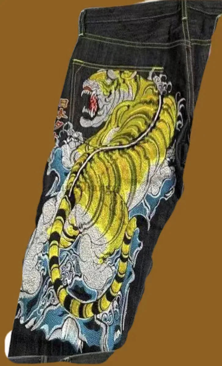 Japanese hip-hop Brocade carp printed jeans same style couple washed high waist retro casual loose ins straight wide leg pants