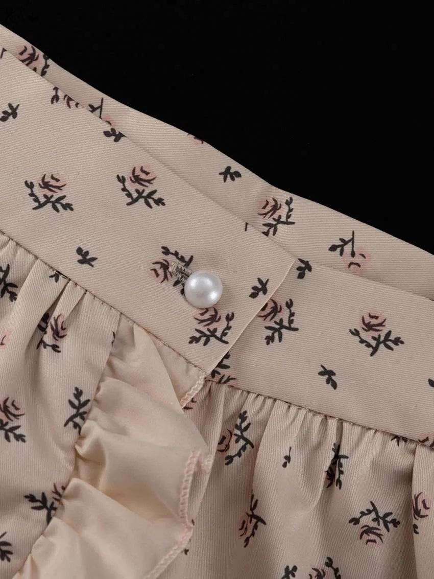 Oymimi Casual Apricot Print 2 Pieces Set For Woman Elegant Long Sleeve Button Ruffled Shirts And High Waist Side Slit Skirts Set