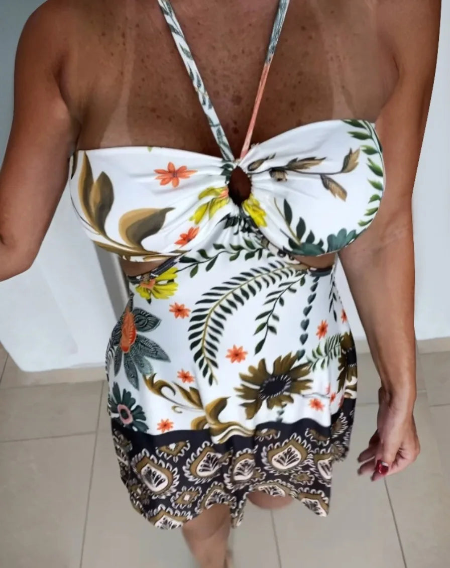Halter Neck Cutout Boho Print Mini Dress for Women