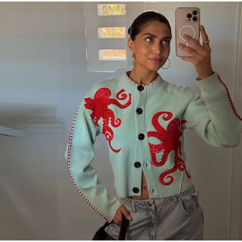 Elegant Knitted Octopus Jacquard Cardigan for Women