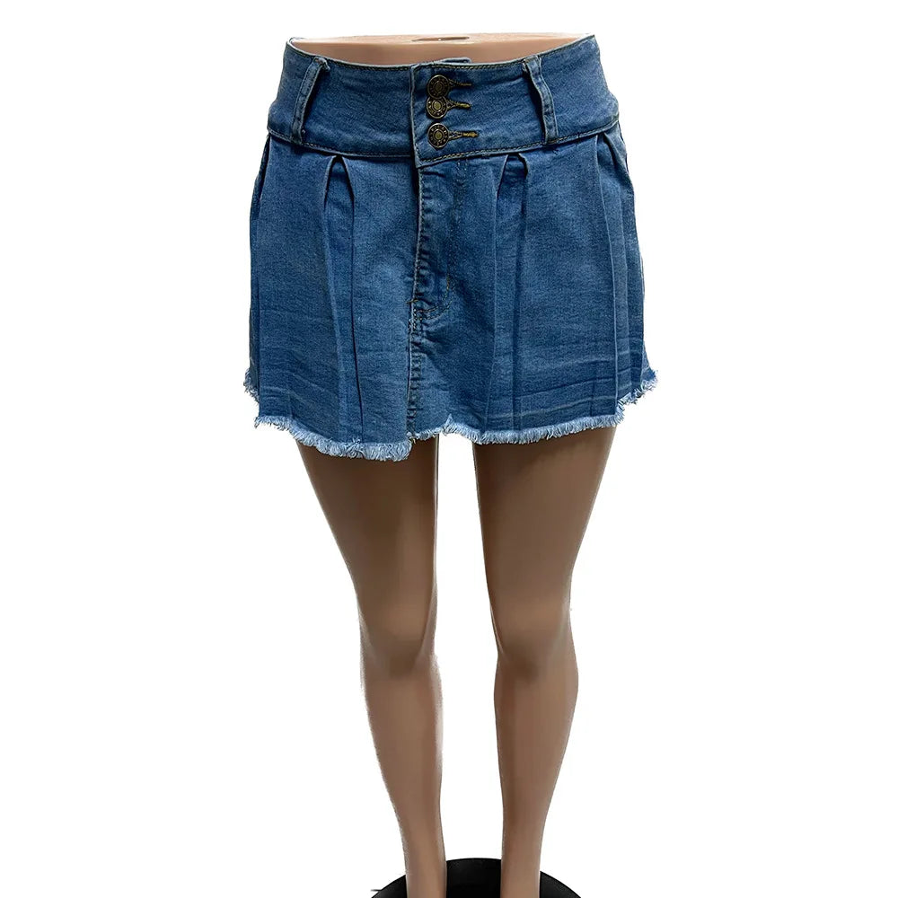 FAGADOER Y2k Denim Shorts Women Pleated Skirt Shorts Summer Stretchy Casual Shorts Retro 90s Fashion Streetwear Short Pants