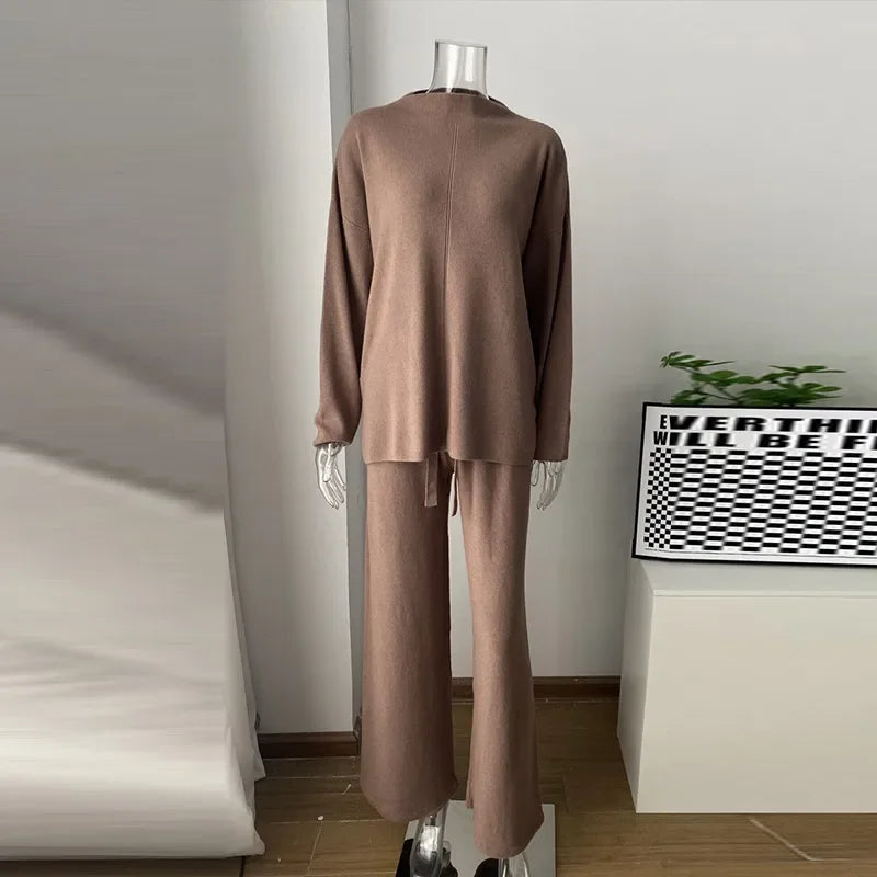 Solid Turtleneck Sweatshirt Set With Wide Leg Pants for Women