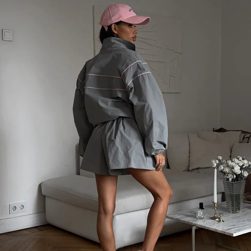 Casual Striped Lapel Jacket And Shorts Set for Women