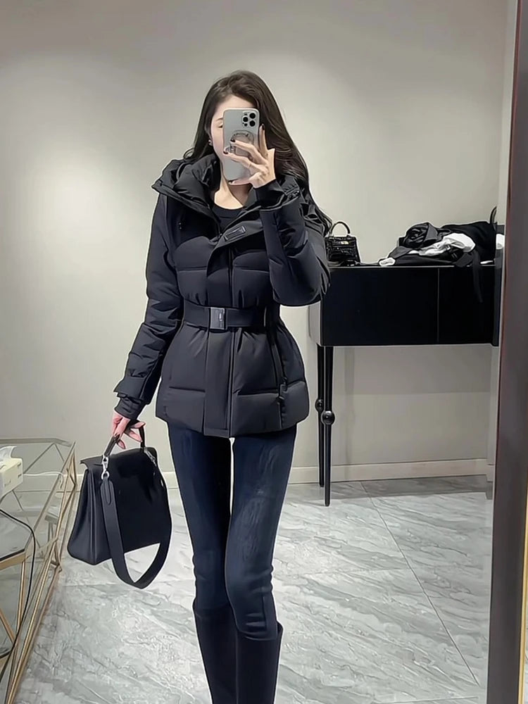 Warm Belted Hooded Winter Puffer Down Jacket for Women