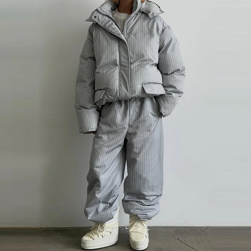 Striped Hooded Puffer Jacket and Wide Leg Pants Set for Women