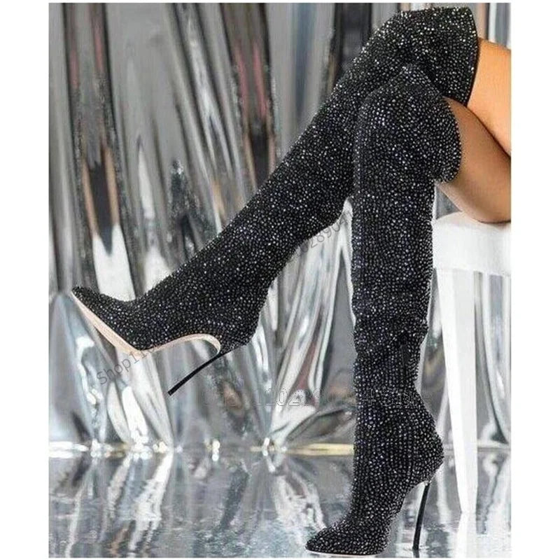 Black Rhinestone Pointed Toe Heeled Boots For Women