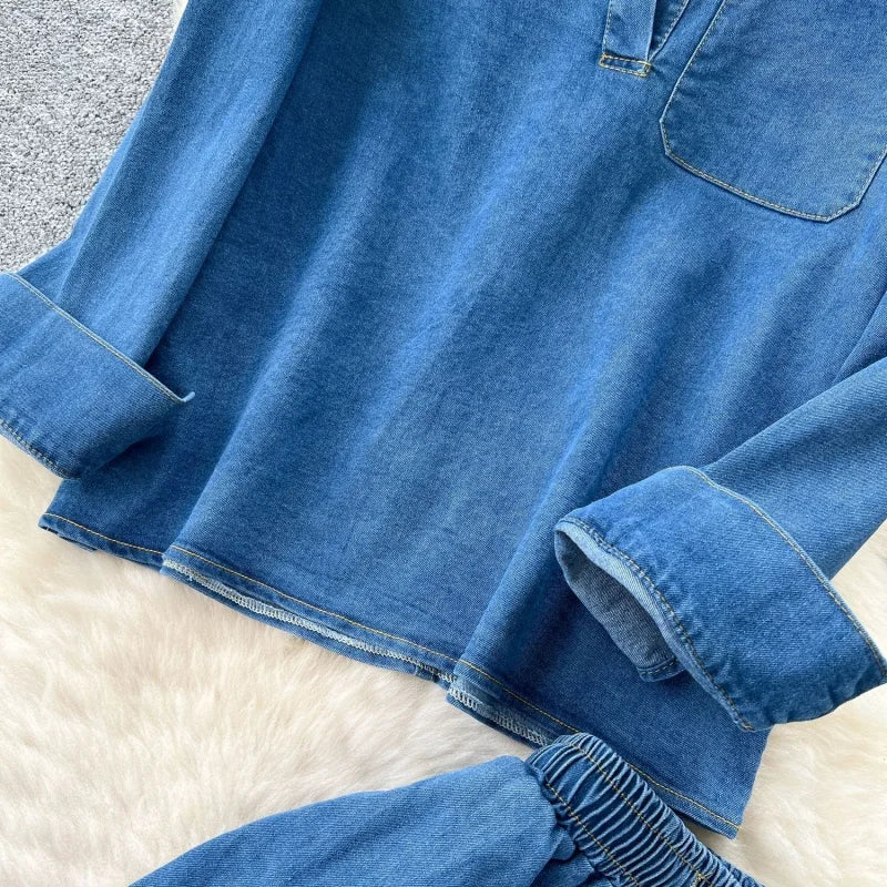 Vintage Long Sleeve Denim Shirt And Jeans Set for Women