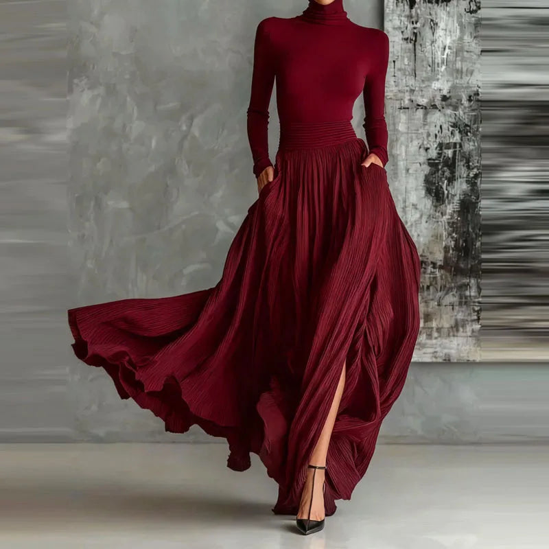 Elegant Turtleneck Pullover & Long Skirt Set Women Casual Long Sleeve Pocket Solid Skirt Outfits Fashion Draped Slim 2Pc Suits