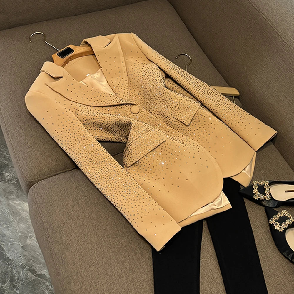 TWOTWINSTYLE Temperament Spliced Diamonds Jackets For Women Lapel Long Sleeve Designer Blazer Female Fashion Style New KJA534367