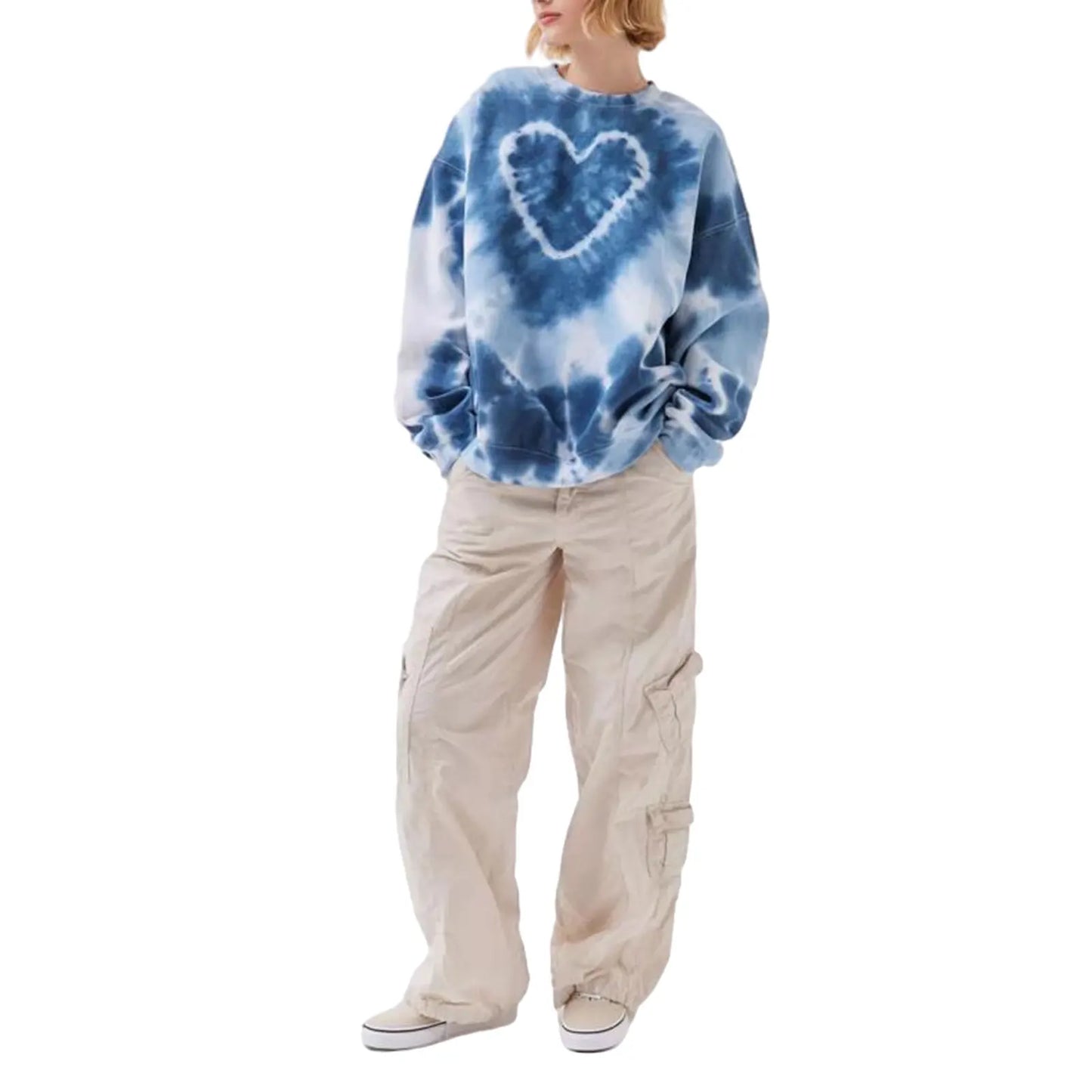 Women's Spring and Autumn Loose Heart Tie Dye Round Neck Sweatshirt Long Sleeve Heart Tie Dye Printed Round Neck Sweatshirt