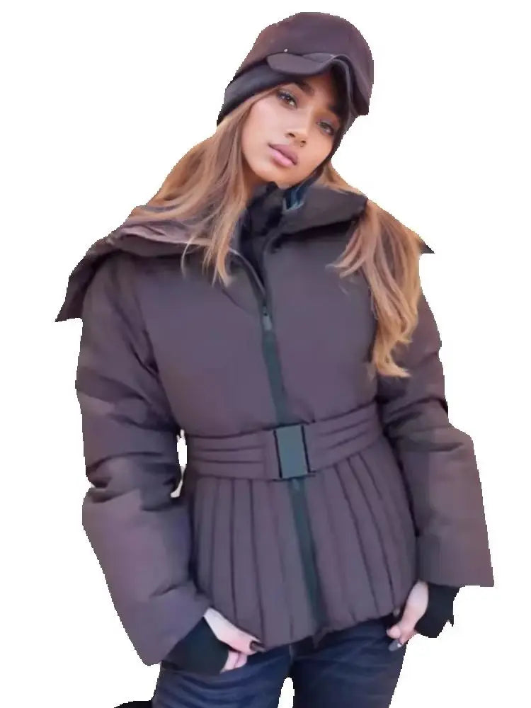 Thick Padded Windproof Burgundy Hooded Winter Parka Jacket For Women