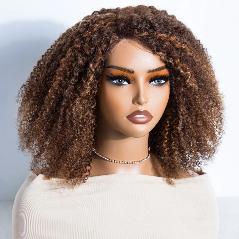 Ombre Brown Kinky Curly Glueless Bob Lace Wig for Women