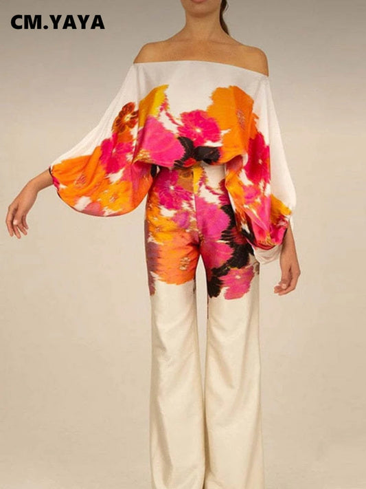 CM.YAYA Women Set Full Batwing Sleeve Slash Neck print Top + Wide Leg Pants Summer Street Two 2 Piece Sets Sexy Outfit Tracksuit