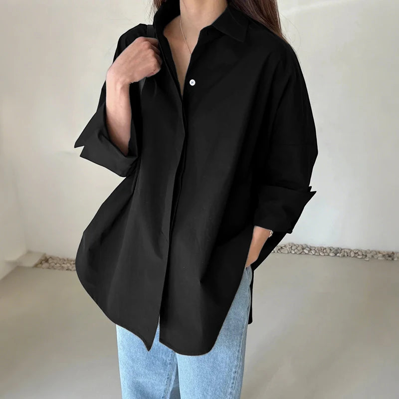 Oversized White Long Sleeve Button Up Blouse for Women