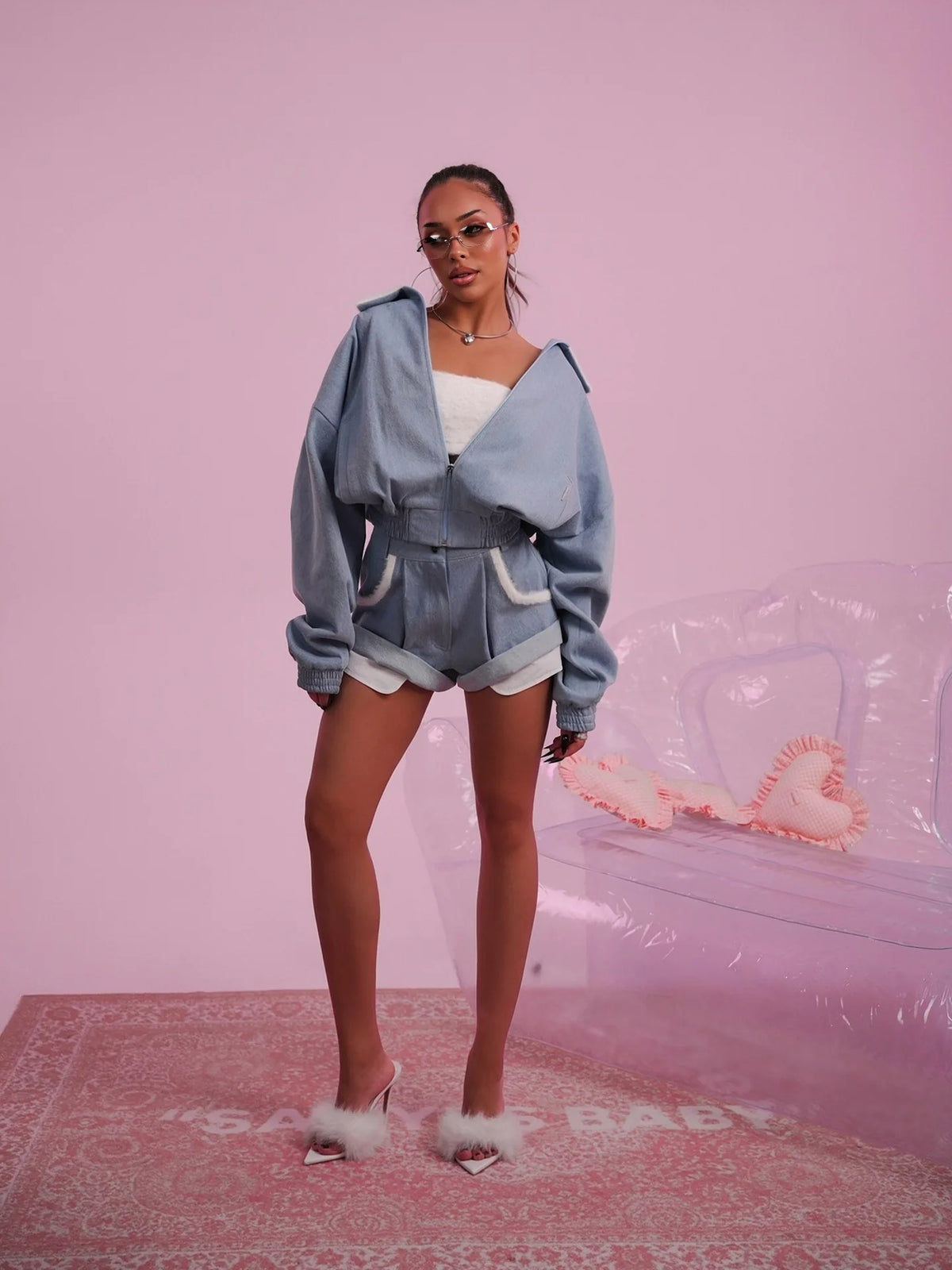 Long Sleeve Oversized Zip Jacket and Shorts Set for Women
