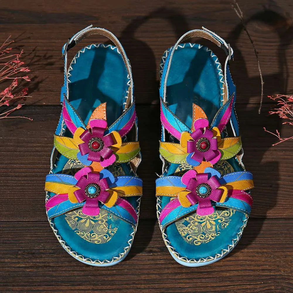 Retro Handmade Leather Wedge Sandals With Mixed Colors for Women