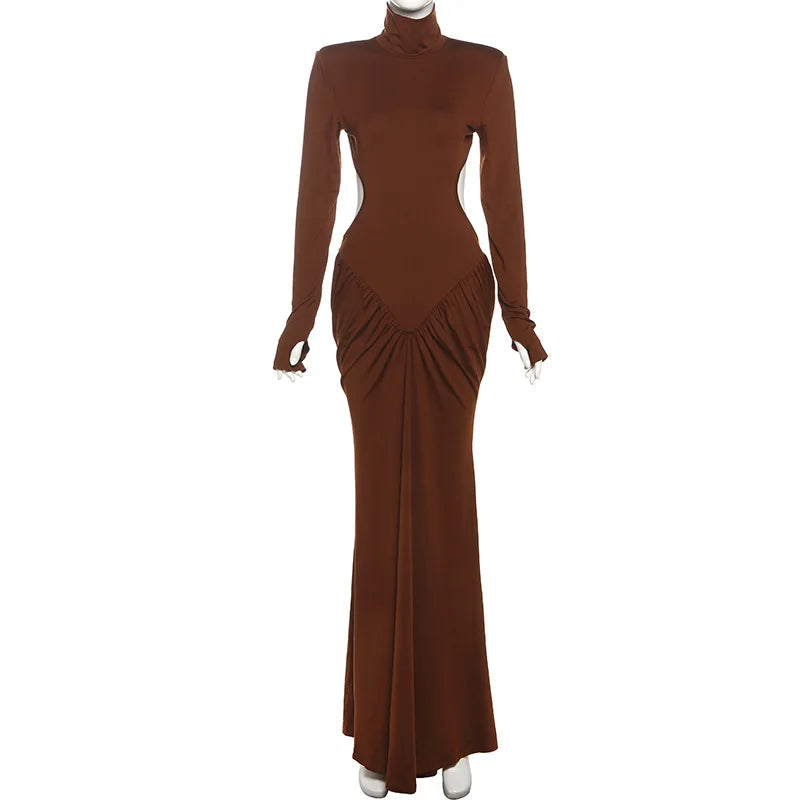 Long Sleeve Backless Ruched Maxi Dress