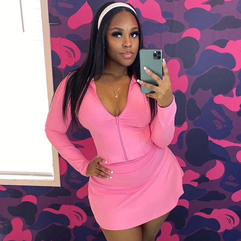 FAGADOER Sexy Sporty 2 Pieces Set for Woman Zipper Long Sleeve Jacket Tops + Pleated Skirts Tracksuits Female Streetwear 2025