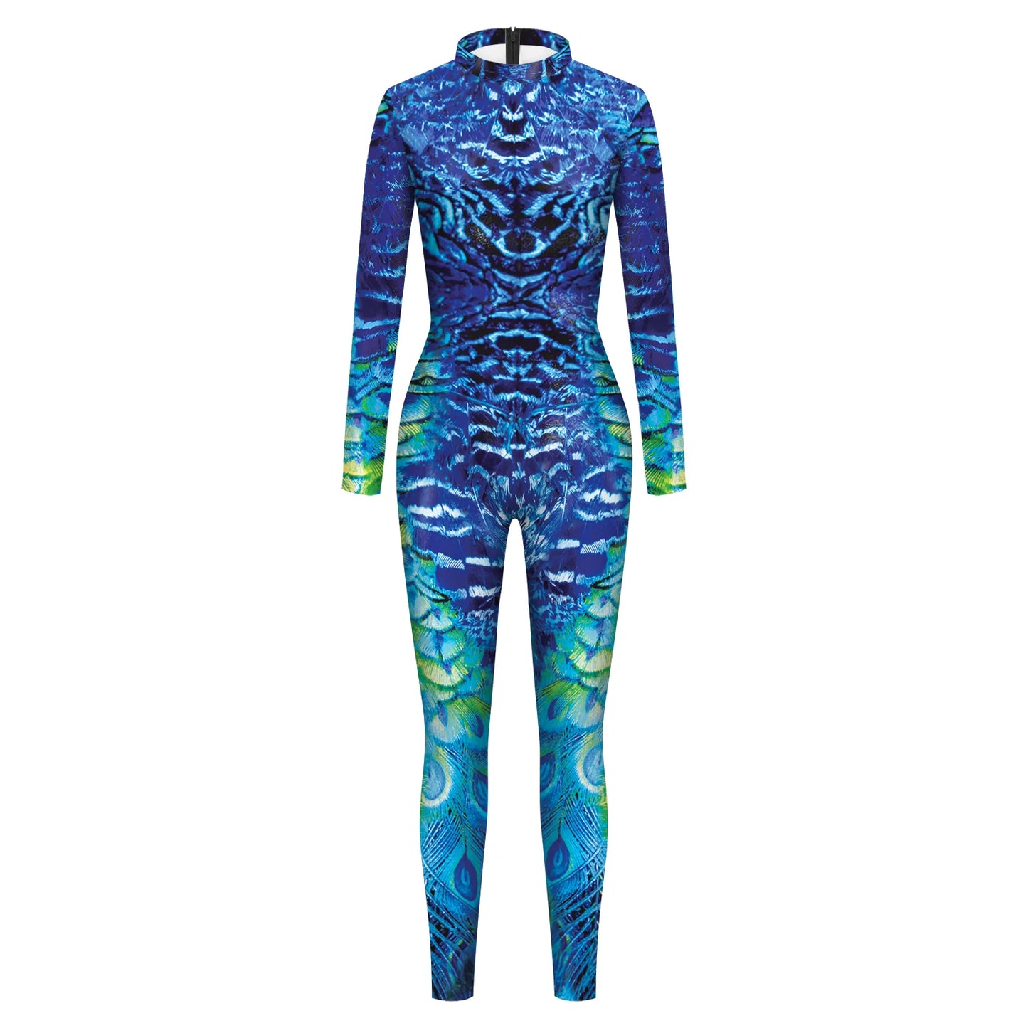Peacock Feather Print Long Sleeve Elastic Jumpsuit for Women