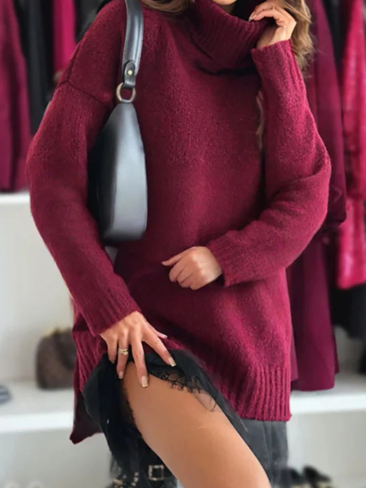 Patchwork Turtleneck Long Sleeve Sweater Mini Dress for Women