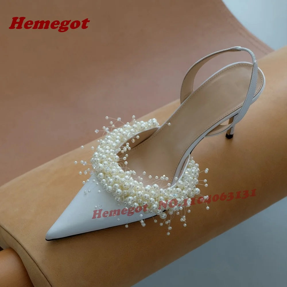 White Pearl Embellished Satin Slingback Pumps for Women