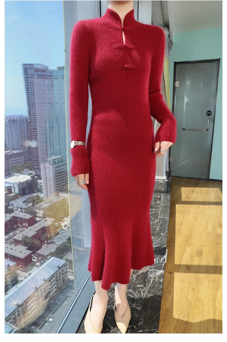Stand Collar Ankle Length Fishtail Knit Dress for Women