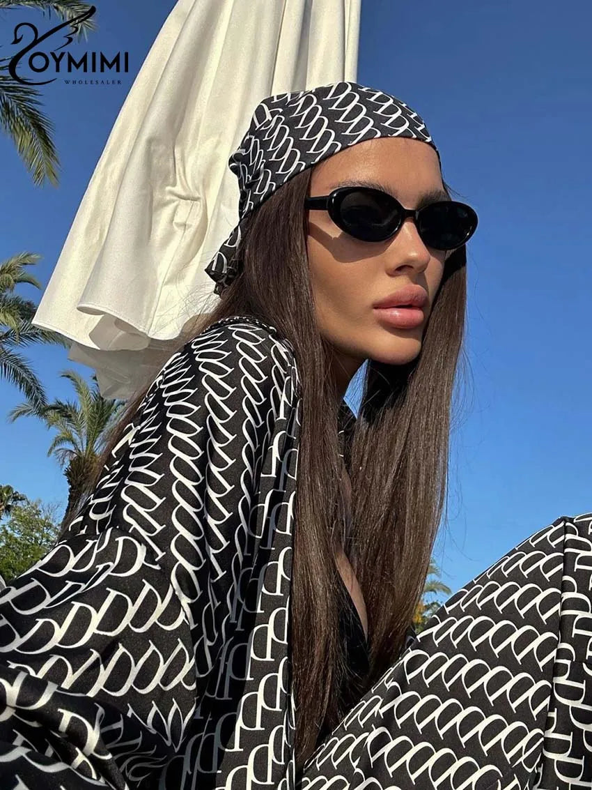 Oymimi Fashion Black Print Womens 2 Piece Outfit Set Elegant Lapel Long Sleeve Shirts And High Waisted Lopse Straight Pants Sets