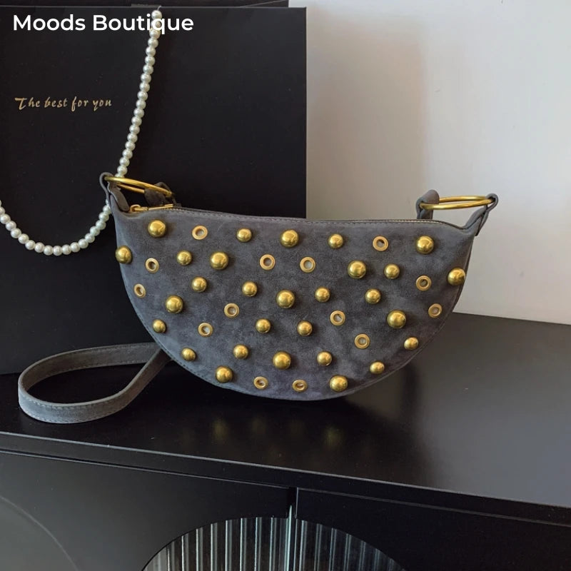 Faux Suede Rivet Half Moon Shoulder Bag for Women