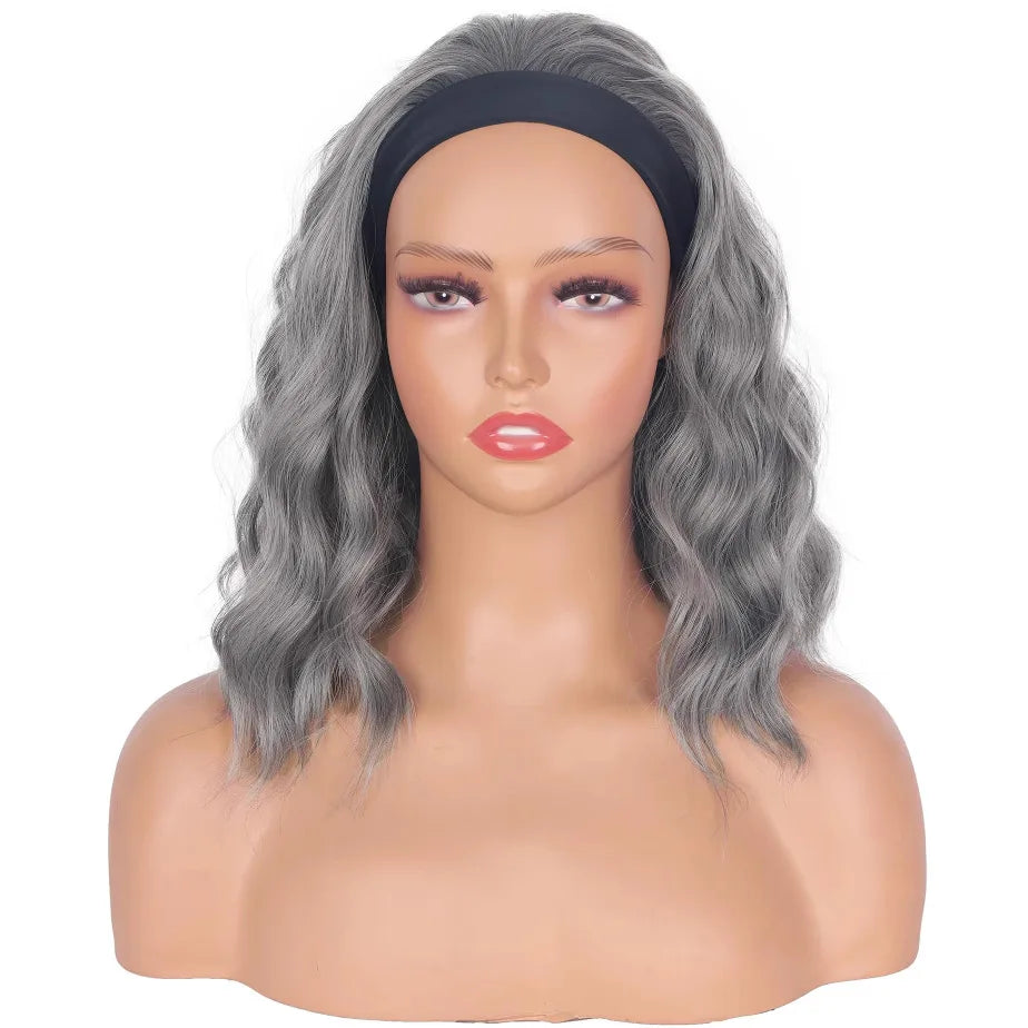Elegant Gray Short Wavy Synthetic Headband Wig For Women