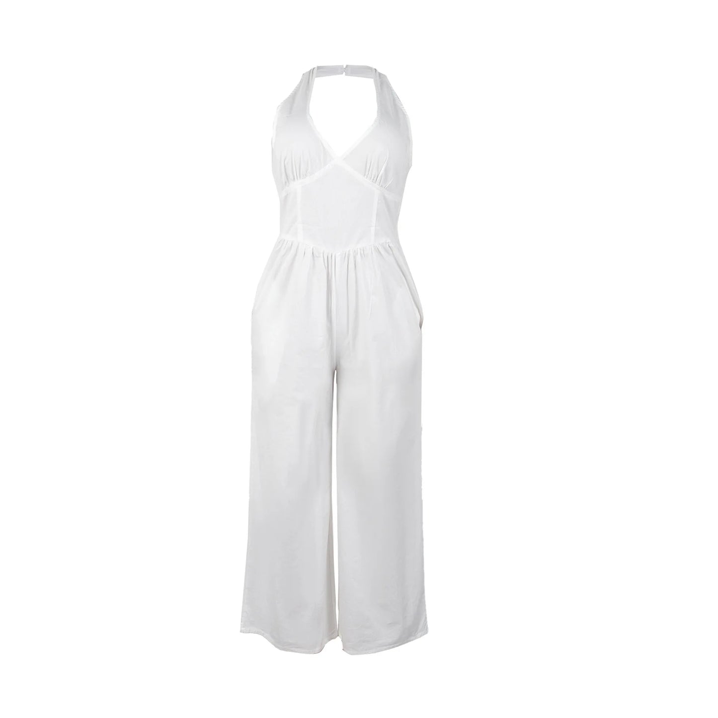 Elegant V-Neck Halter Solid Wide-Leg Jumpsuit for Women